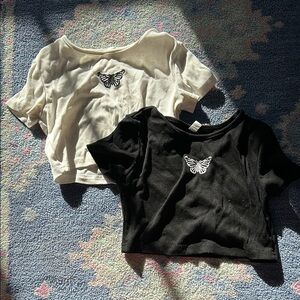 Kids Butterfly Embroidered Tops - Black & White